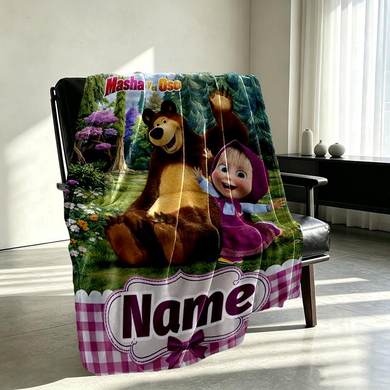 Custom Name Personalized Masha and The Bear Print Blankets, Home Decor, Bedroom, Sofa, Camping, Couch, Gifts for Birthday Christmas