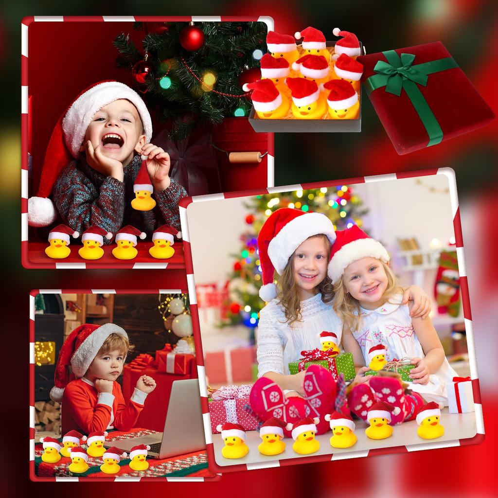Rubber Ducks with Christmas Hats - Small, Yellow, Floating, Squeaky Bathtub Toys for Girls Boys Shower, Holiday, Xmas