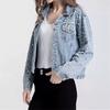 Women Denim Coat Jacket Diamonds Pearls Turn Down Collar Single Breasted Pockets Washed Vintage Streetwear Autumn Outerwear