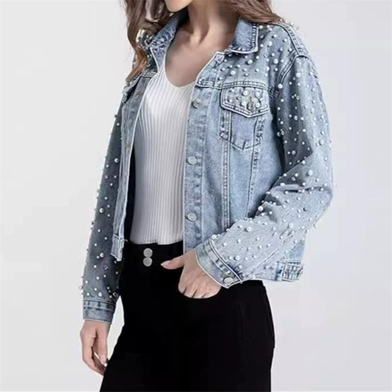 Women Denim Coat Jacket Diamonds Pearls Turn Down Collar Single Breasted Pockets Washed Vintage Streetwear Autumn Outerwear