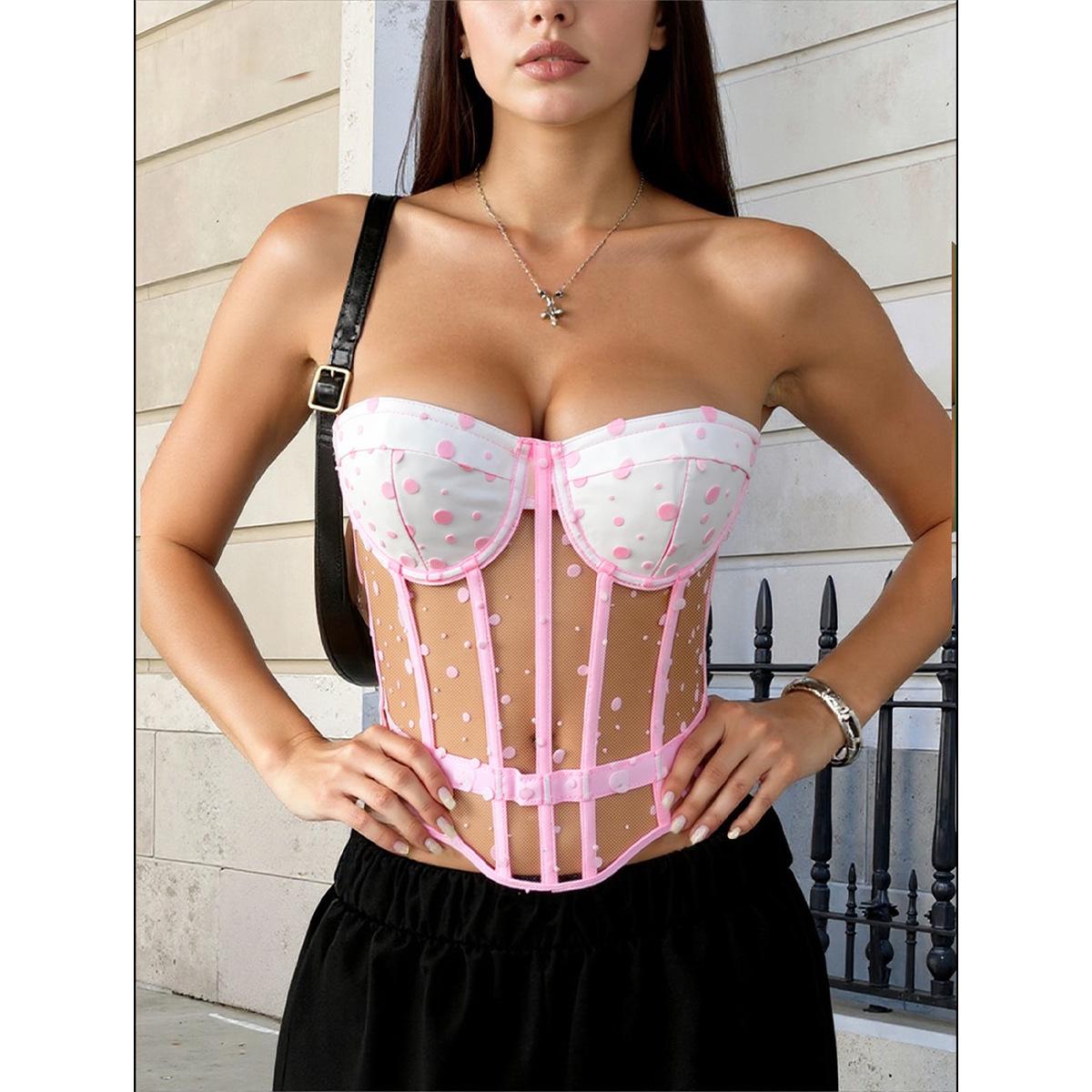 Женский топ-бандо в европейском стиле, пикантный, летний, в горошек, однотонный, с косточками на талии Small розовый