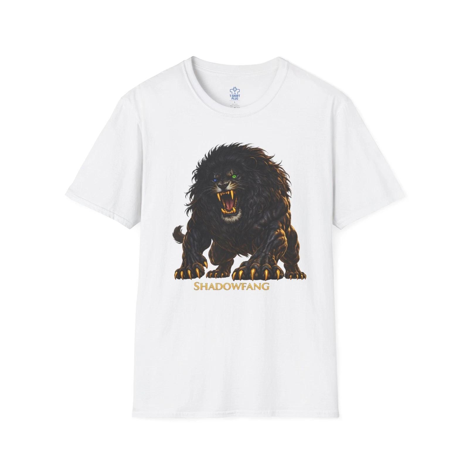 Shadowfang All Black Lion with Glowing Blue-Green Eyes Gold Fangs, Claws T shirt S