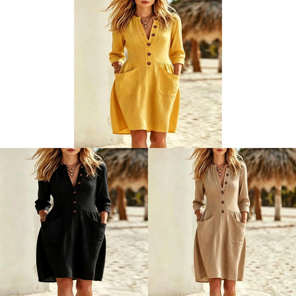 Style V Neck Button Pocket Loose Dress For Casual Travel And Outing