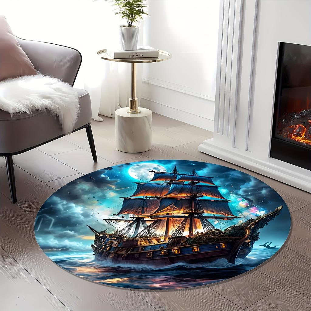 Pirate Ship Design Round Area Rug - 2D Printed Non-Slip Floor Mat for Living Room Bedroom  Outdoor Garden, 1PC