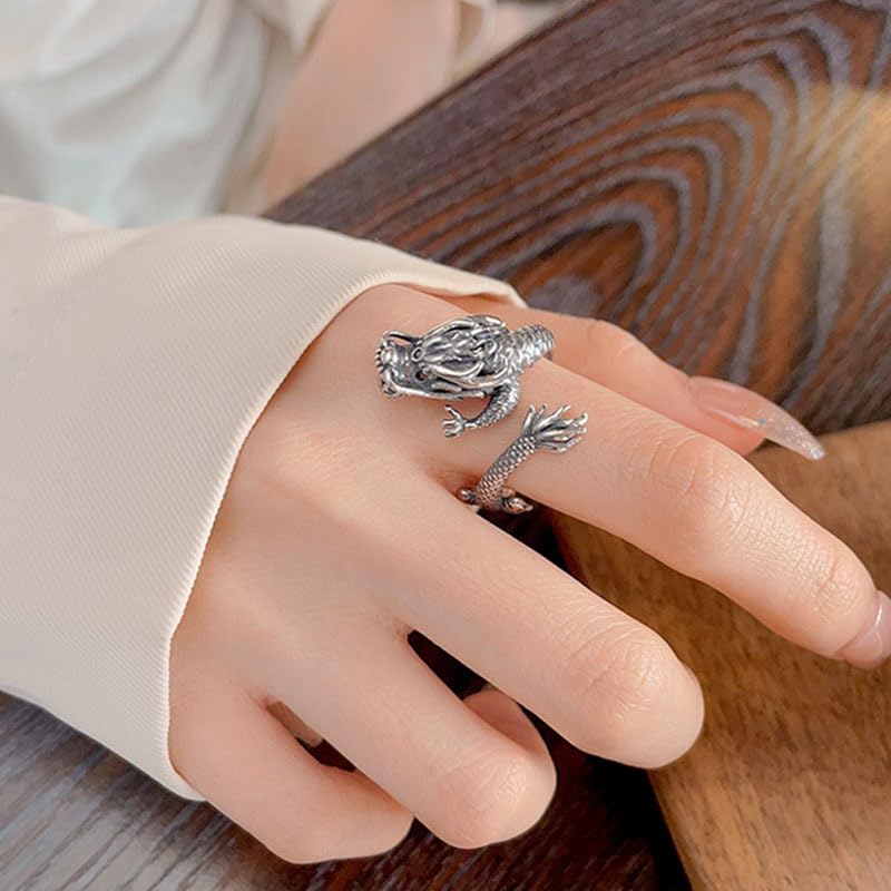 Ring for One Size Fits 925 Silver for Rugged Dragon Dragon Dragon Sterling Red Retro New Party Gift Women, Most, Men, Ring, Head, Zodiac, Silver,