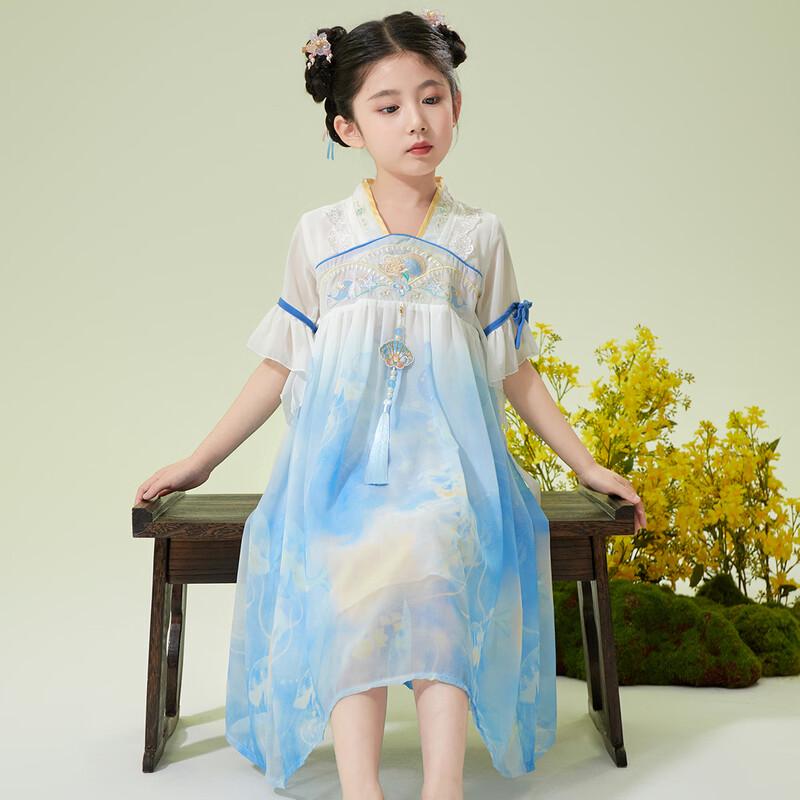 Girls Hanfu Style Seashell Pearl Embroidered Short Sleeve Dress 150