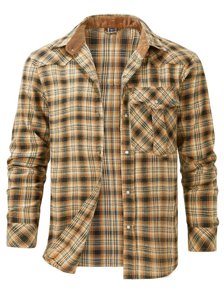 Autumn/Winter Denim Jacket with Turn-Down Collar and Flannel Plaid Shirt Coat