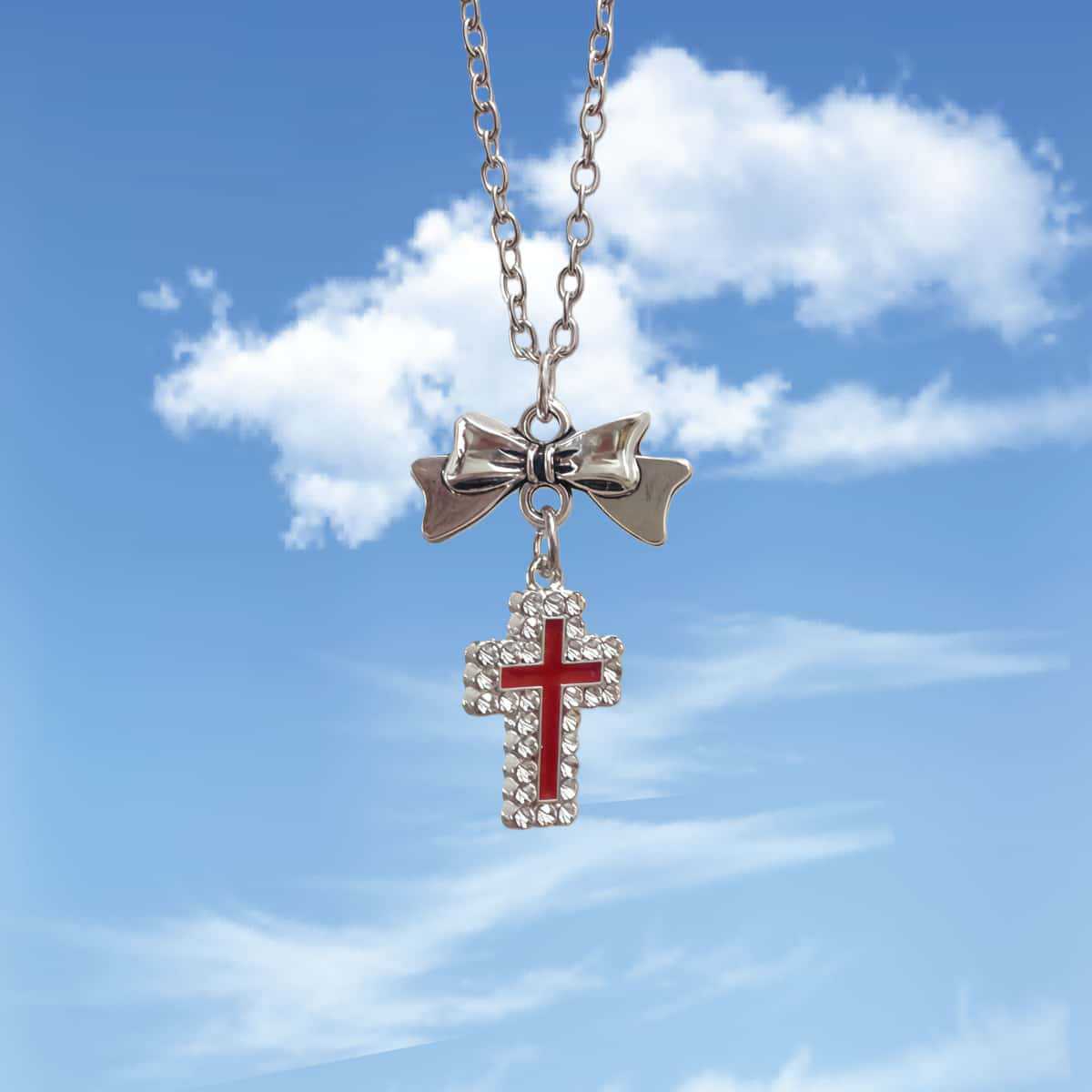 

Gothic Punk Shining Zircon Sliver Color Cross Bowknot Pendant Necklace Earrings Set for Women Subculture Y2K Jewelry Sets Gifts