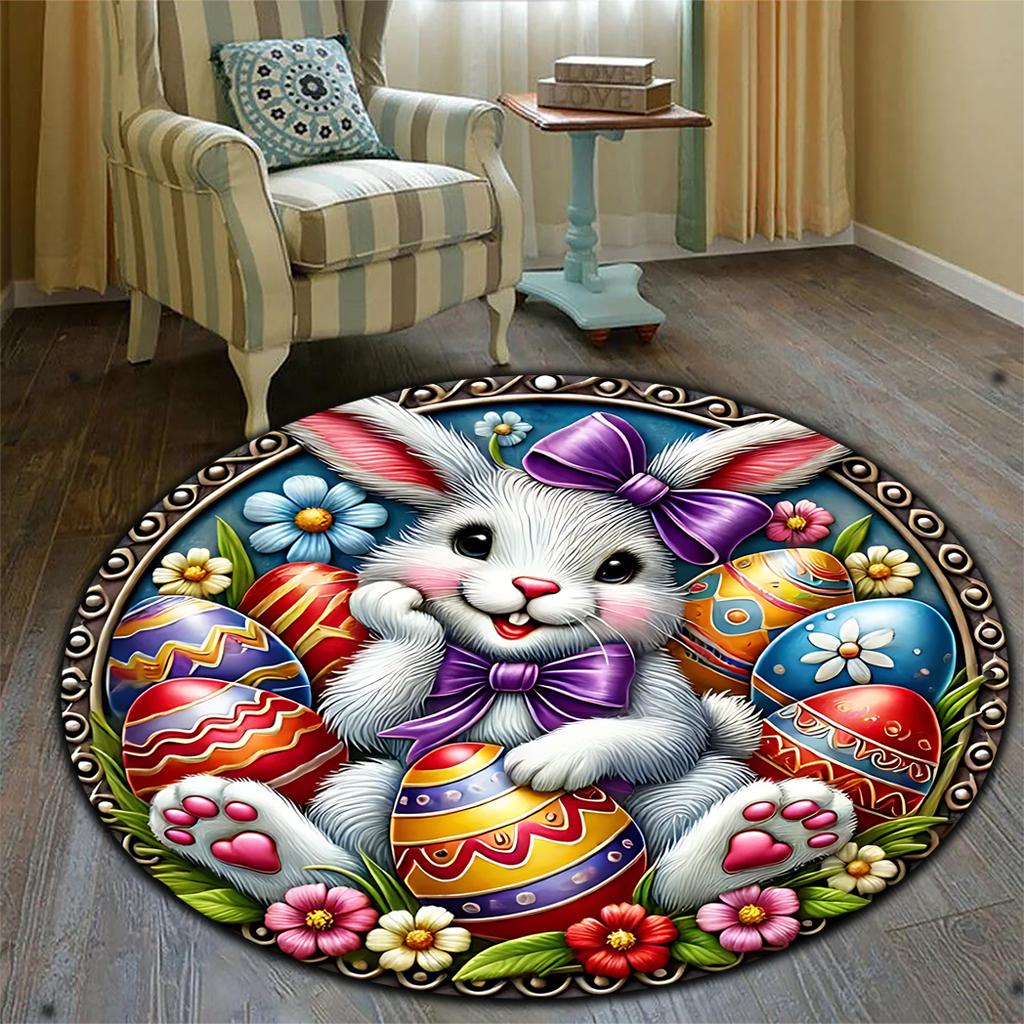 Happy Easter Rabbit Egg Patterned Area Carpet Round Non-Slip Easy To Clean Rug Living Room Bedroom Laundry Outdoor Floor Mat