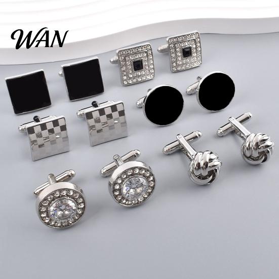 Classic Cufflinks 1 Pair Men Polished Smooth Surface Rhinestones Inlaid Rectangle Shirt Round Twist Shape Suit Button Replacement Accessories