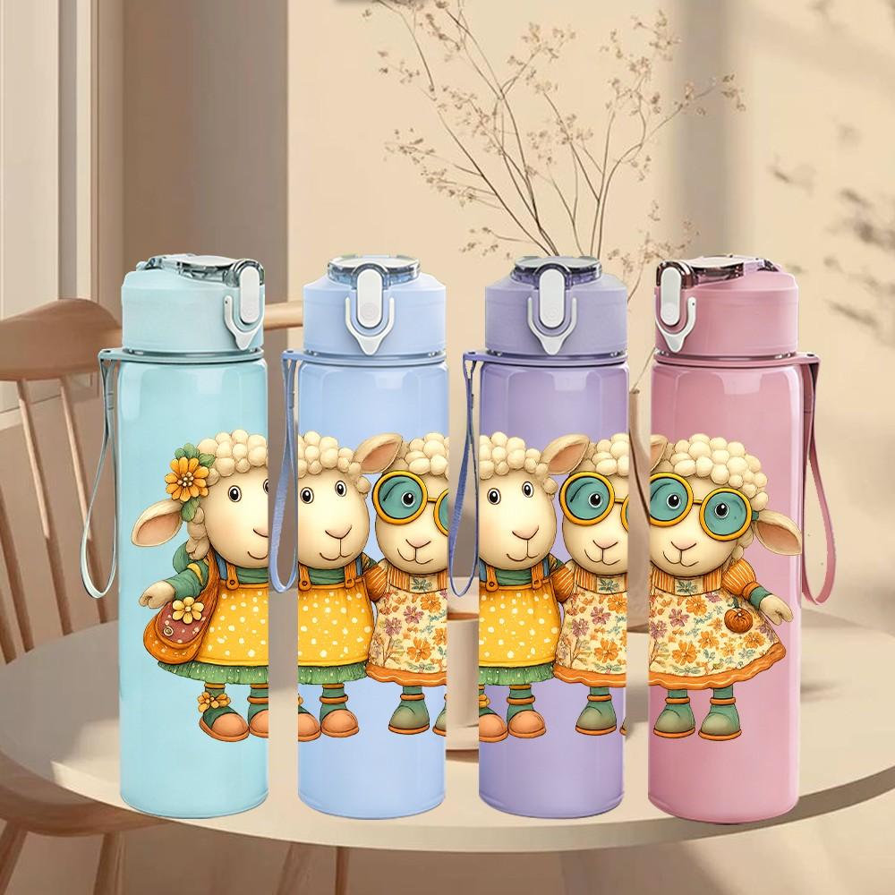 1PC Twin Country Sheep Dolls 750ml Color Plastic Sports Water Bottle Leakproof Flip Straw Lid Suitable for Sports Office Home Use