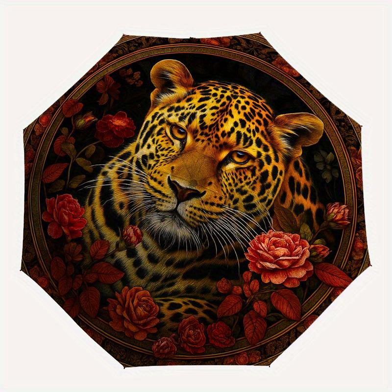 Exotic Leopard & Floral Wall Art PrintUmbrella, Portable 3-Fold Compact Umbrella for Men & Women Gift