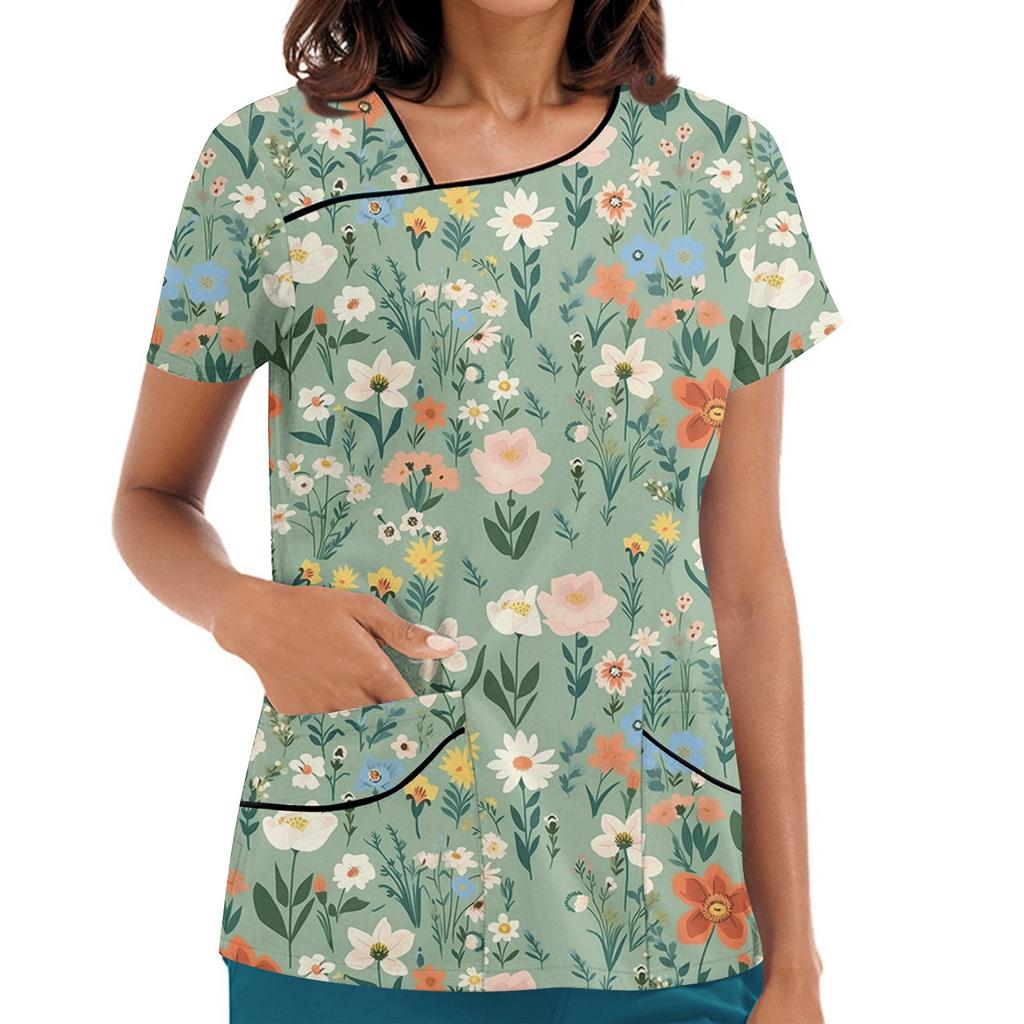 Dámské potištěné pracovní oblečení, šikmý límec a dvojité kapsy, základní top pulovr