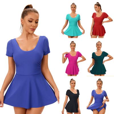 Women's Two-Piece Swimwear Set with Short Sleeve Top and High-Waisted Bottom – Stylish Blue Swim Dress Design