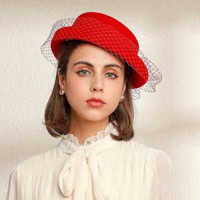 The New 2021 Refined and Elegant Light Luxury Wool Hat Banquet Top Hat Basin Hat Fashion Curly Lace Bow Gauze Navy Hat