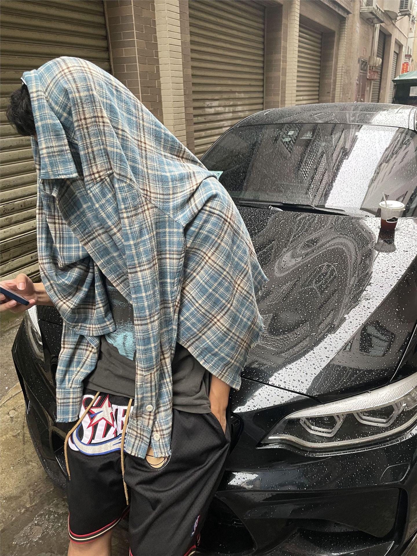 

Унисекс 2025 Американская Ретро Клетчатая Рубашка: Длинный рукав, лацкан, рваный край, свободный крой, повседневный панк-стиль. XXXL