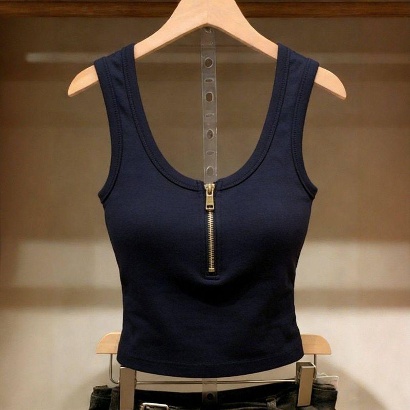 With Chest Pads~ Mall Export Brand Women s Knit Camisole Slimming Sleeveless Deep Blue Top Trendy Dark Blue Top S