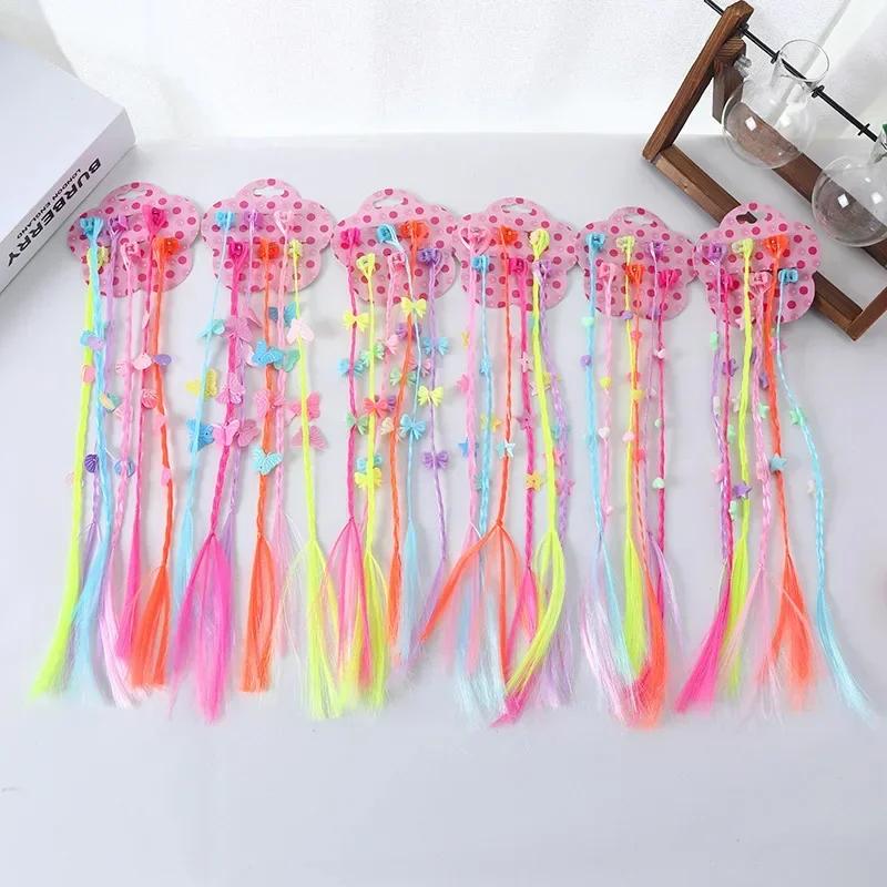 6pcs Kids Girl Candy Color Wig Braid Hair Claw Princes Cute Butterfly Bow Heart Style Hair Clip Children Haid Styling Headwear