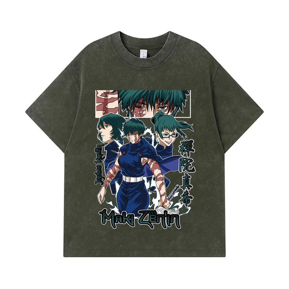 

275 GSM Washed T-shirts 100% Cotton Jujutsu Kaisen V43 Maki Print Unisex Heavy Cotton T Shirt S армия зеленый