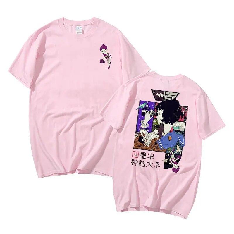 Anime Unisex Frauen Übergroßes Baumwoll-T-Shirt The Tatami Galaxy Doppelseitig bedrucktes T-Shirt Neue Cartoon Unisexga Shinwa Taikei T-Shirts