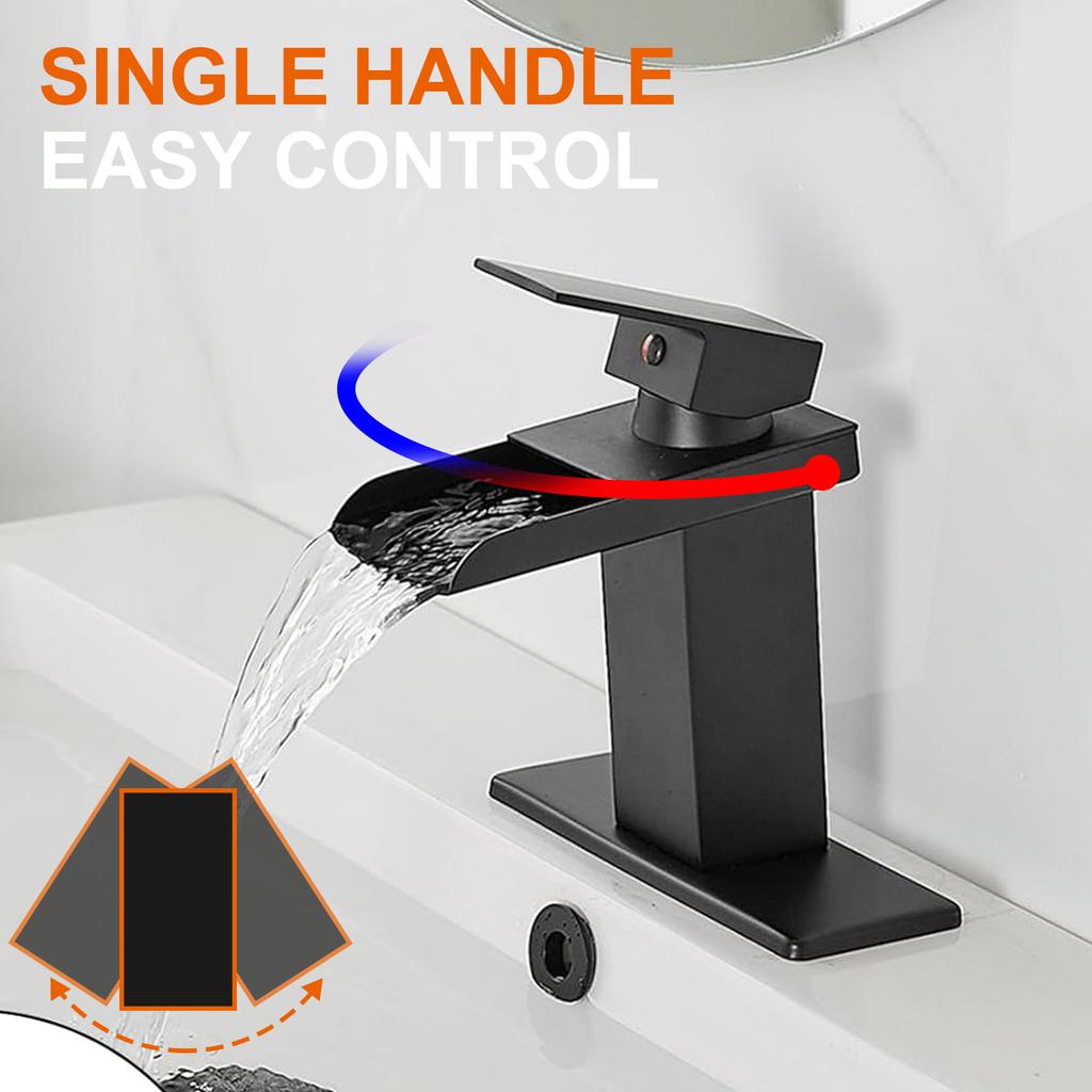 Single Hole Single Handle Modern Vanity Lavatory Basin Hot& Cold Mixer Tap with Drain Combo Matte Black Waterfall Basin Faucet