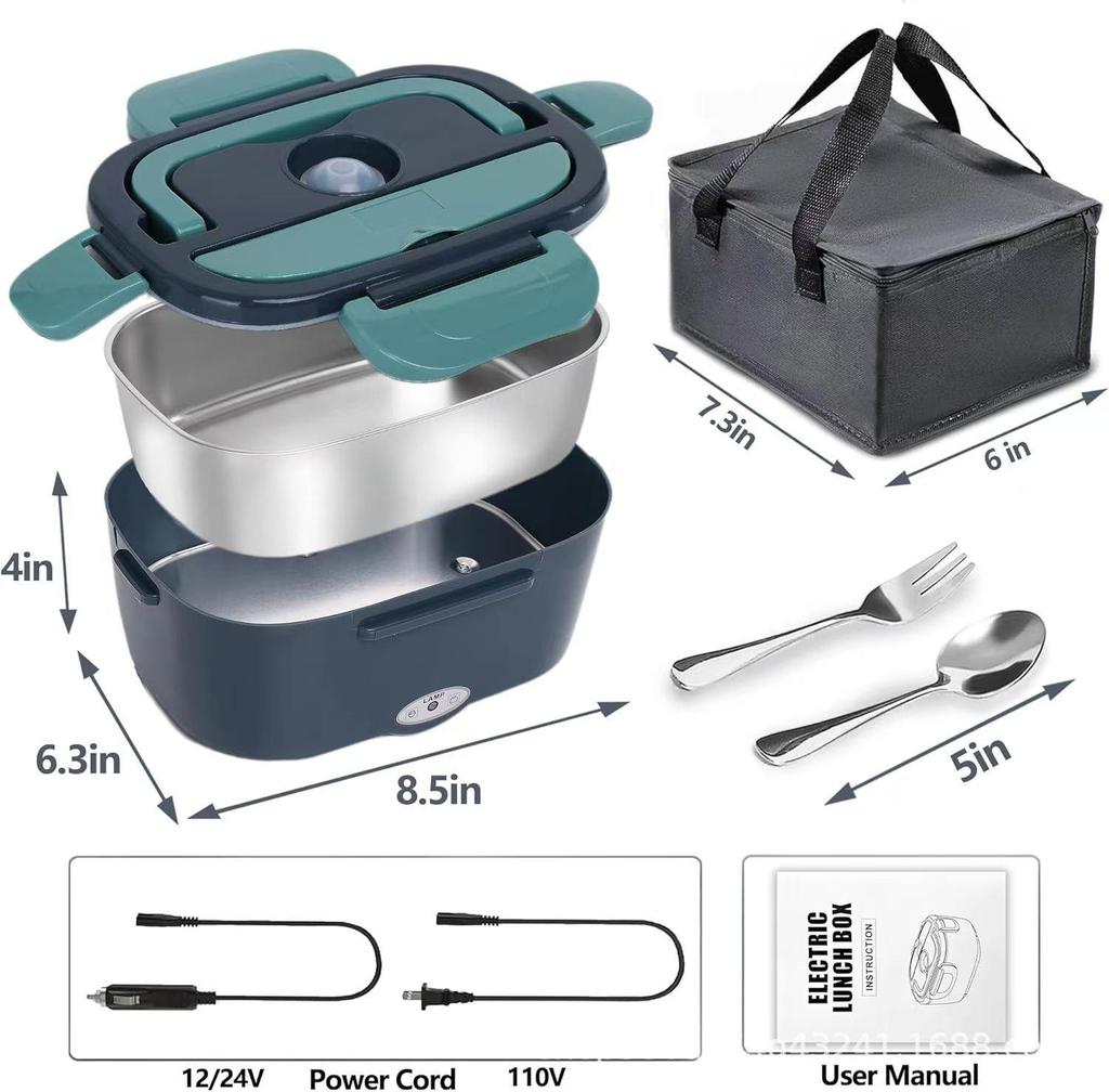Portable 2-in-1 Electric Heating Lunch Box with Car Adapter, Stainless Steel & Plastic, Insulated for Home & Travel.