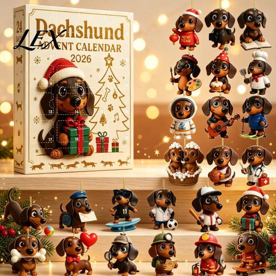 Christmas Tree Hanging Decoration 2026 Dachshund Advent Calendar with 24 Unique 2D Acrylic Ornaments, Festive Novelty Dog Gifts Countdown Box