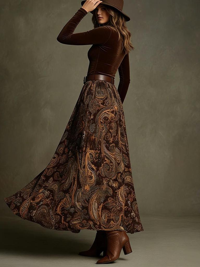 2026 Spring/Autumn Retro Slim-fit Top & Large-Hem Skirt Set with Belt
