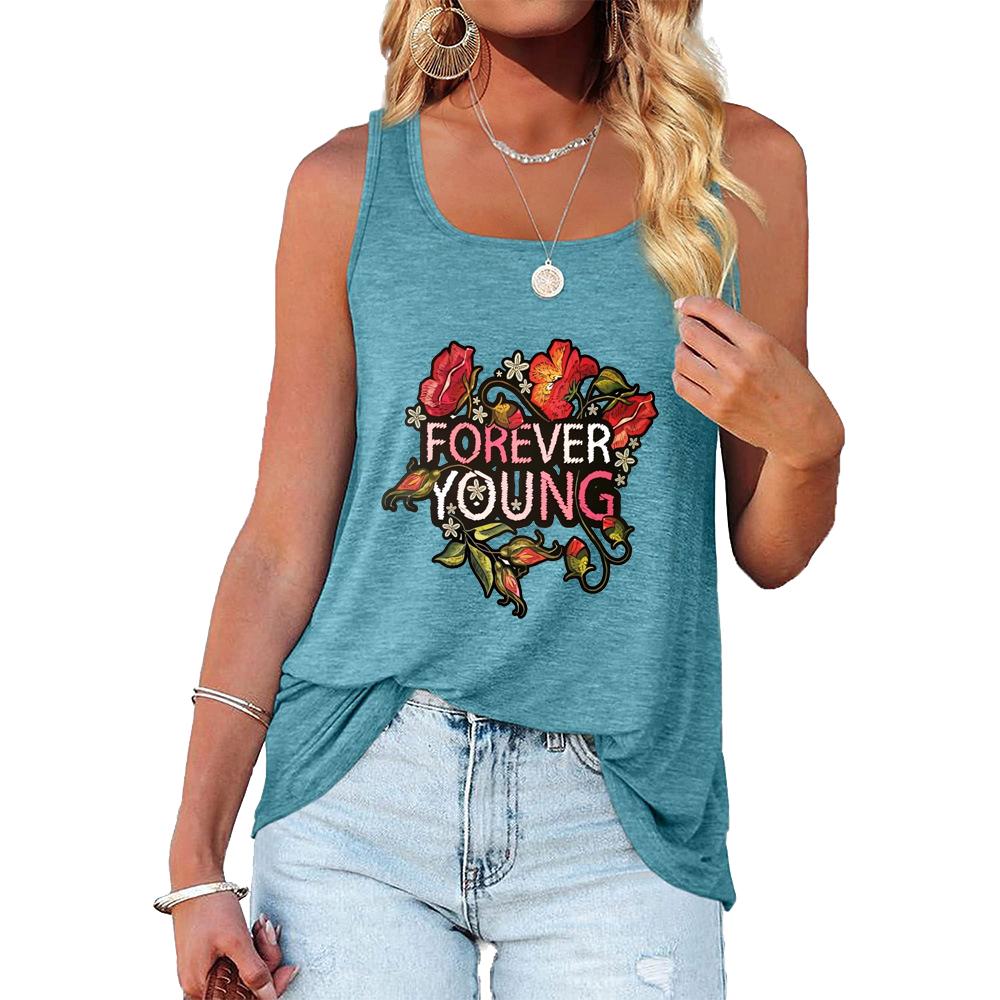 

Женская мода, летний топ без рукавов, повседневная футболка с принтом и круглым вырезом, свободная майка Laides