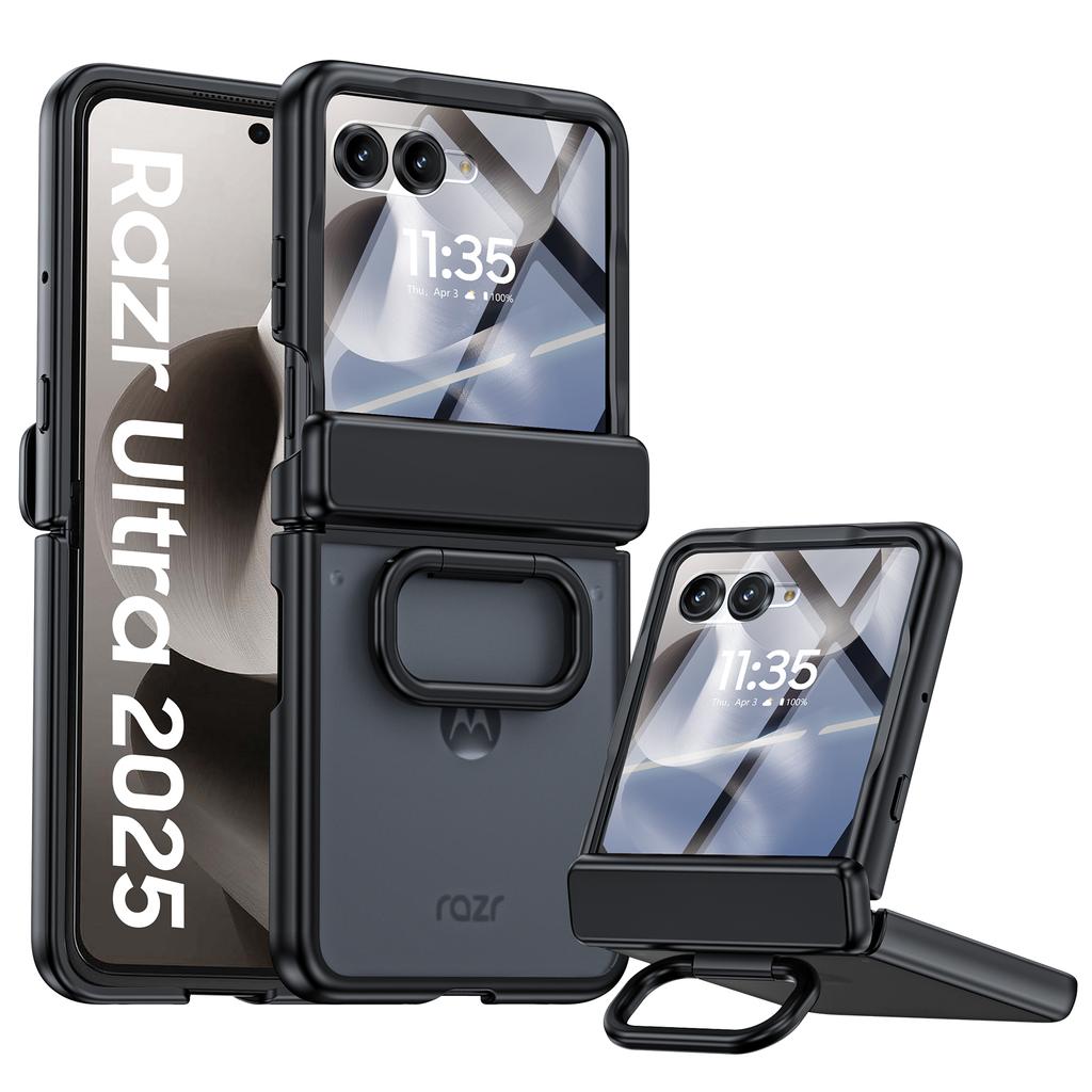 For Motorola Razr Ultra 2025 / Razr Ultra 2026 with Built-in Screen Protector,Ring Holder Hinge Protection Rugged Case Translucent Matte Cover-Black