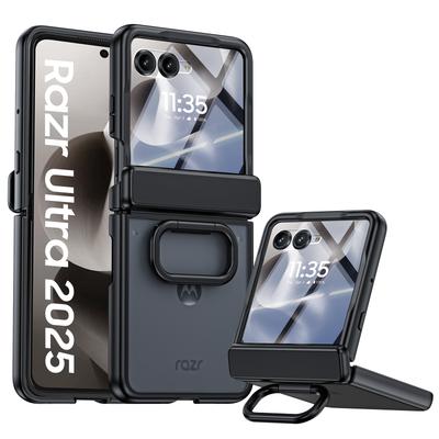 For Motorola Razr Ultra 2025 / Razr Ultra 2026 with Built-in Screen Protector,Ring Holder Hinge Protection Rugged Case Translucent Matte Cover-Black