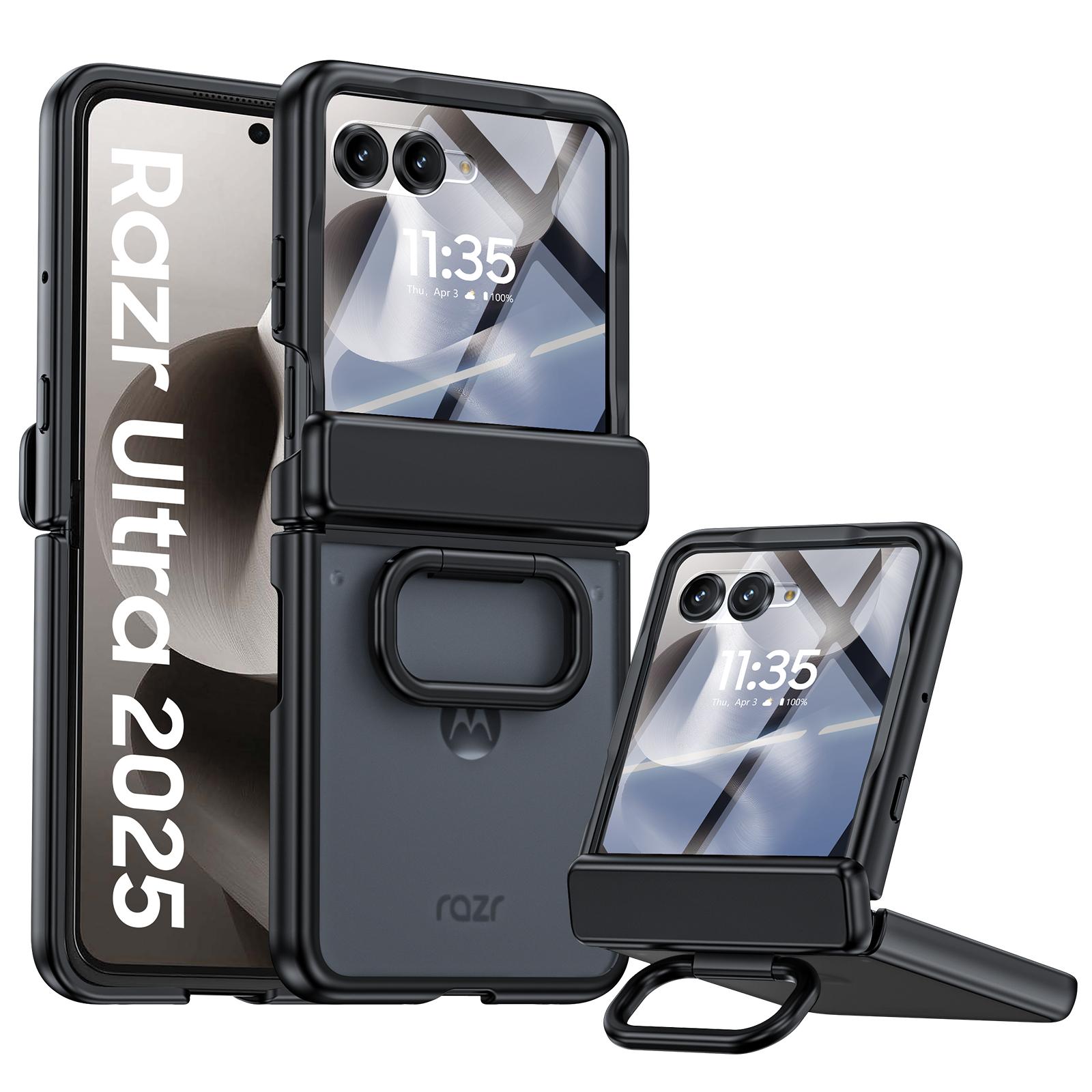 For Motorola Razr Ultra 2025 / Razr 60 Ultra with Built-in Screen Protector,Ring Holder Hinge Protection Rugged Case Translucent Matte Cover-Black чёрный