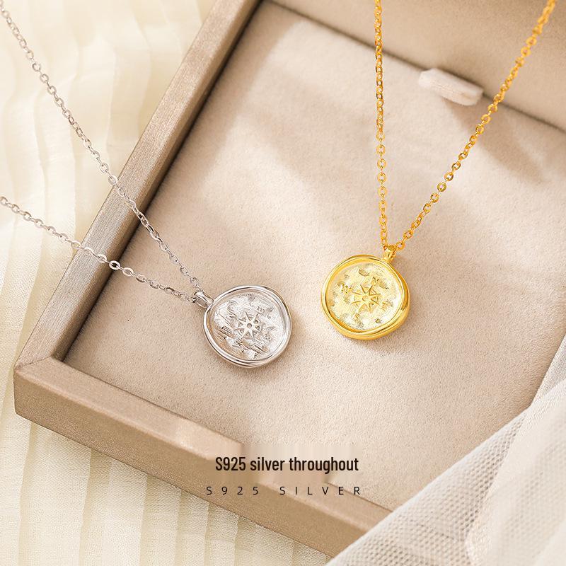 

Banyan Tree S925 Silver Compass Necklace: Women s Trendy Eight-Point Star Clavicle Chain 925 Silver
