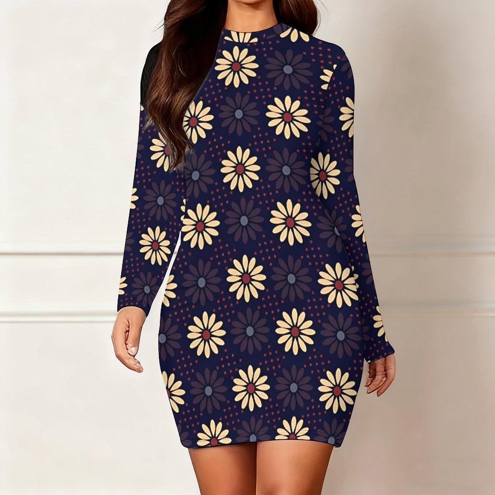 

2025 Autumn and Winter New 3D Flower Print and Dyeing Women s Fashion Long-sleeved Round Neck Hip-wrapped Dress Valentine s Day Limited XXL темно-синього кольору