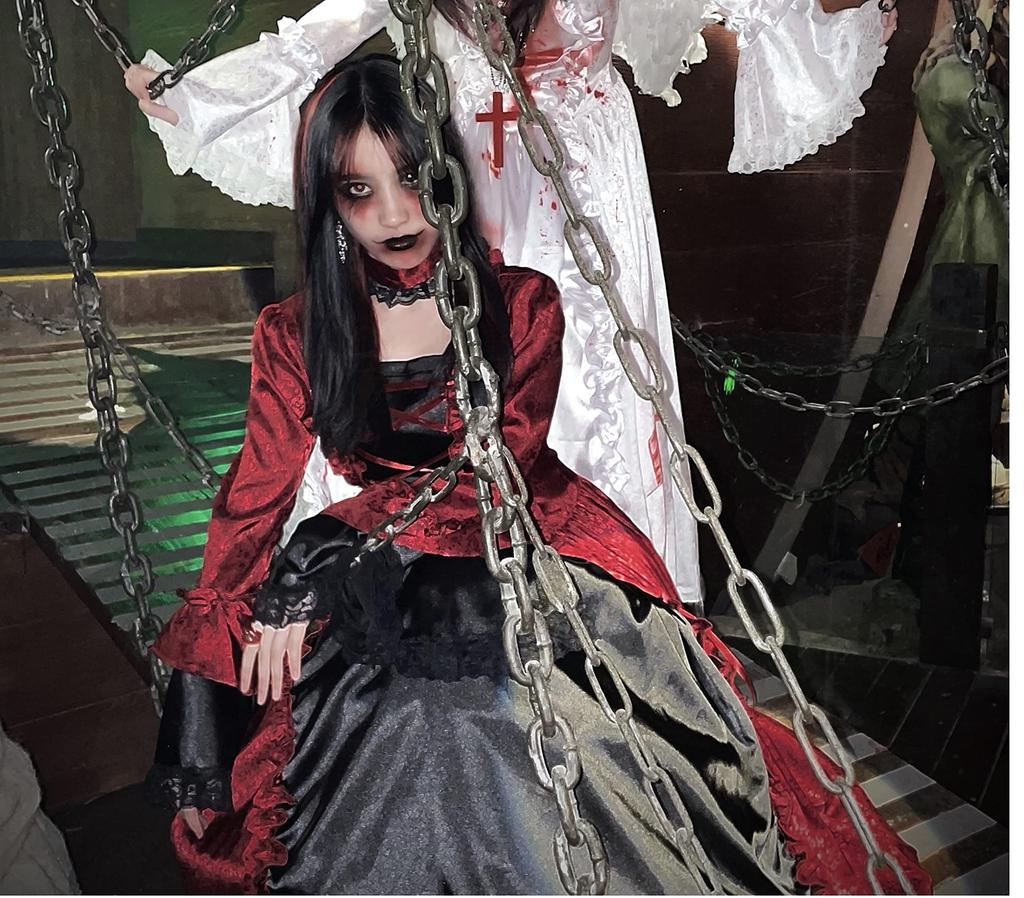 Gothic Lolita Long Dress with Aristocratic Perfect for Stage and Authentic Cosplay Costume for Women with Panniers Wine [Hosaku Co., Ltd.] U-Neck,