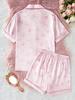 Teen Girls Silky Satin Bow Print Pajama Set Pink Piping Lapel Short Sleeve Top & Shorts Cool Elegant Summer Loungewear Sleep Outfit for 13-16Y