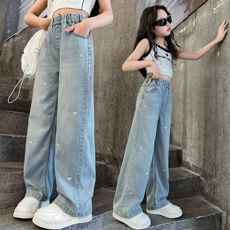 Summer Spring Girls Middle School Fashion Loose Solid Color Small Love Jeans Casual Pants Wide Leg Pants 4-10 Years Old