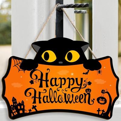 Hölzernes Gruseliges Halloween Willkommen Türschild Kreativer Lustiger Geist Katze Kürbis Aufhänger Kranz Cartoon Niedliches Wandbehang Anhänger