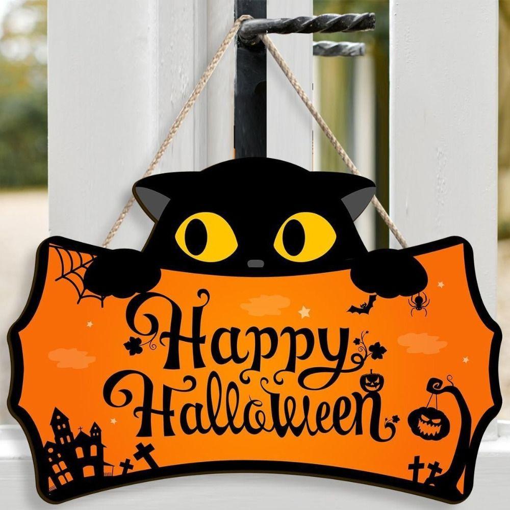 Wooden Spooky Halloween Welcome Door Sign Creative Cute Ghost Cat Pumpkin Hanger Wreath Cartoon Funny Wall Hanging Pendant Kids