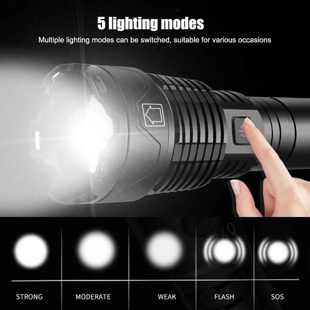 Waterproof Super Bright XHP160 LED Flashlight High Power Torch 5 Modes USB Rechargeable Lantern Emergency Spotlights