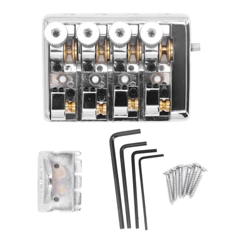 Easy-to-Install Headless Bass Bridge for 4 Strings with Replacement String Locks (Silver)