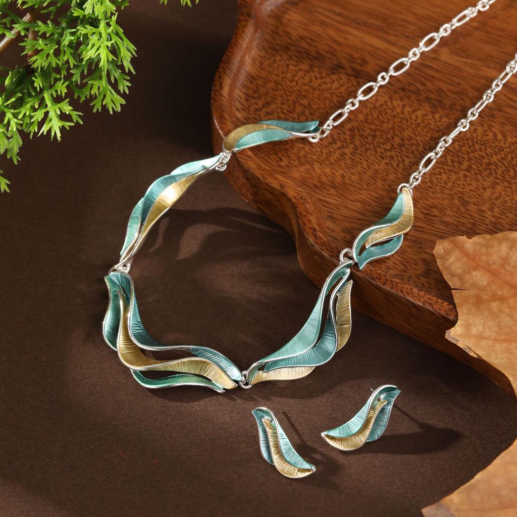 Emaliowane kolczyki sztyfty z geometrycznymi liniami i płatkami, naszyjnik, zestaw, damska moda, naszyjnik z nieregularnymi płatkami