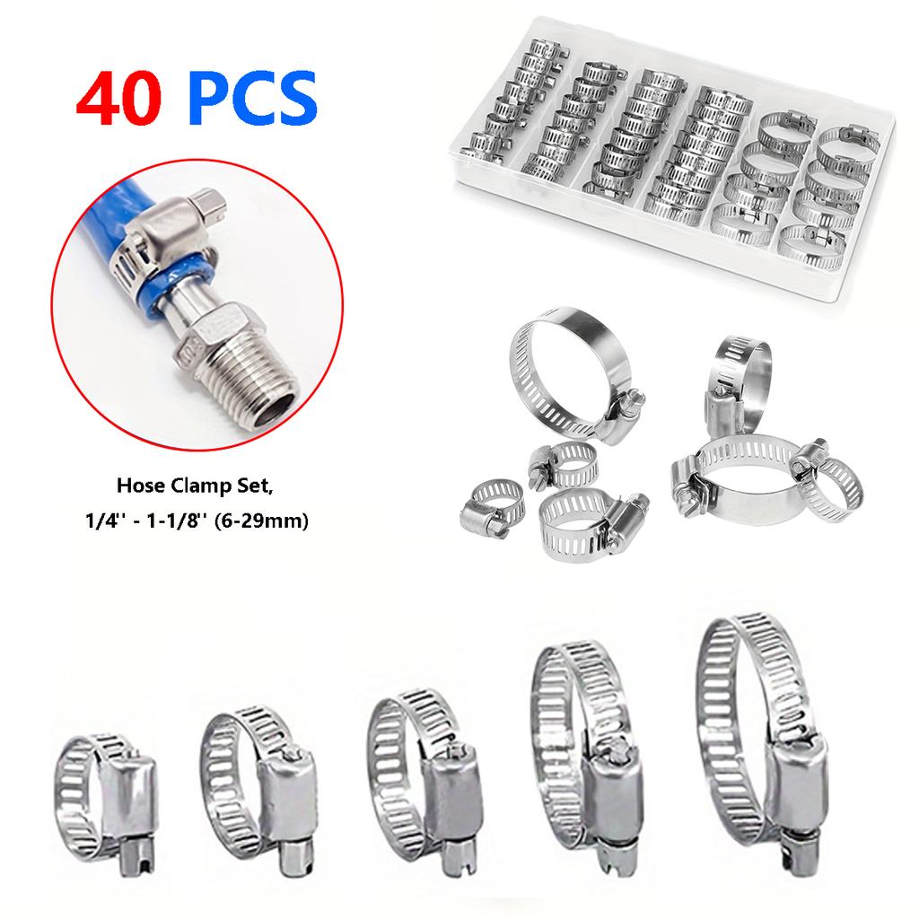 40pcs Hose Clamp Set, 1/4" - 1-1/8" (6-29mm), 304 Stainless Steel Worm Gear Hose Clamps, For Pipe, Intercooler, Plumbing, Tube A