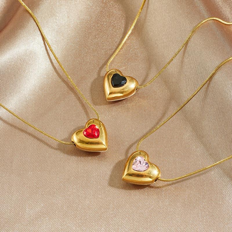 Edelstahl Farbiger Zirkon Inlay Herz Liebe Anhänger Halskette Damen Neue Mode Seilkette Schmuck Glamourös