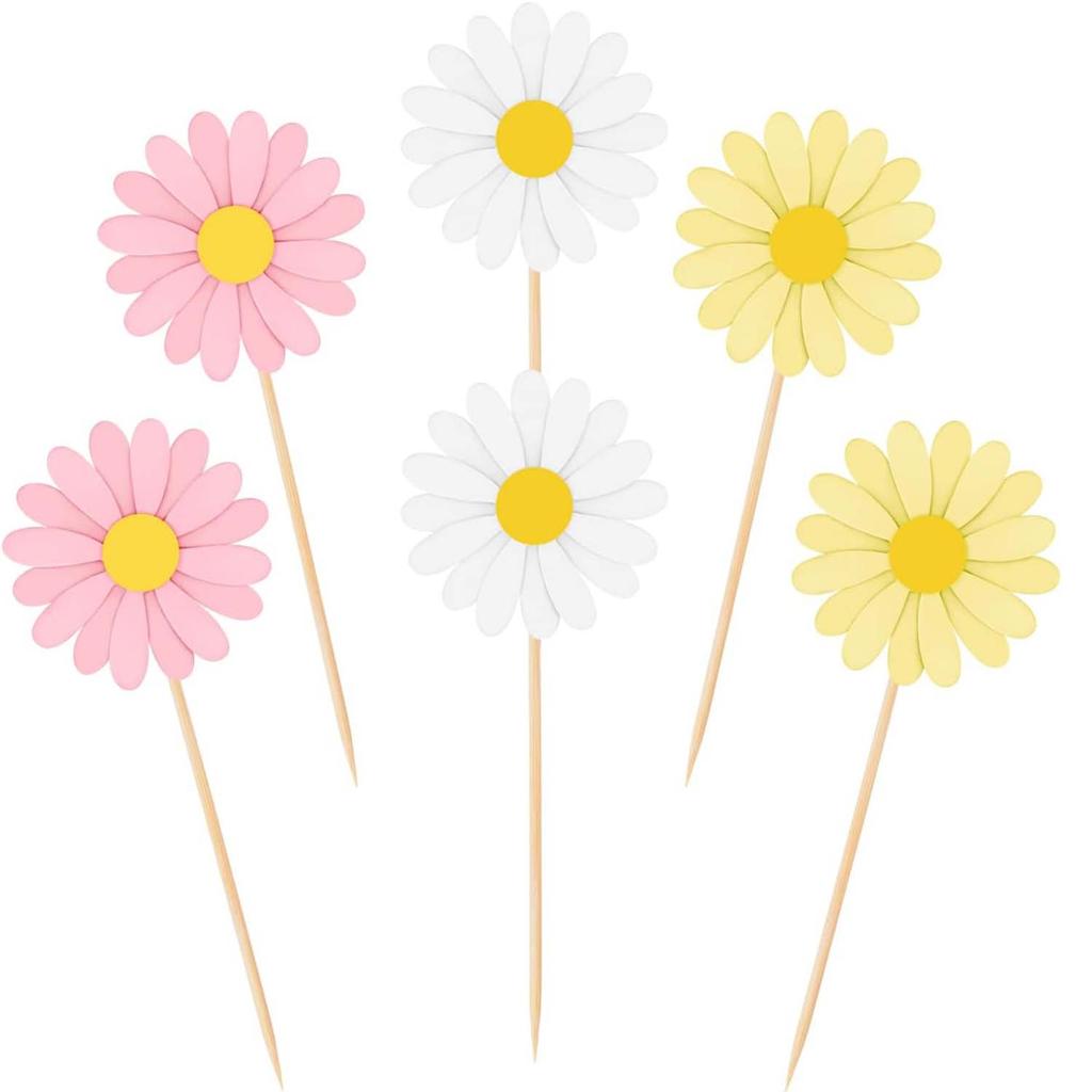 24Pcs Daisy Flower Cake Topper Toothpicks Chrysanthemum Cupcake Toppers Spring Daisy Flower Cake Picks for Birthday Supplies