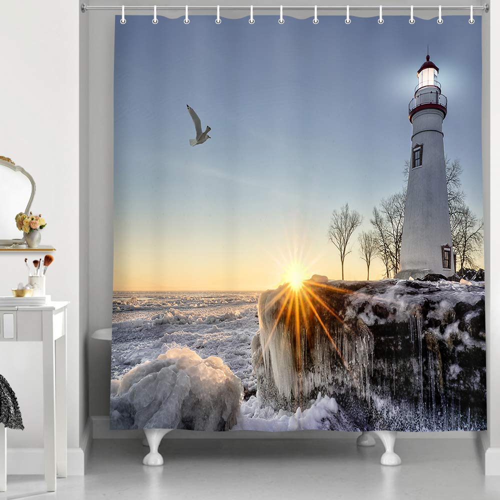 Lighthouse Shower Curtain Bathroom Decor Ocean Sunrise Nautical Seascape Shower Curtains Polyester Fabric Bath Curtain with Hook
