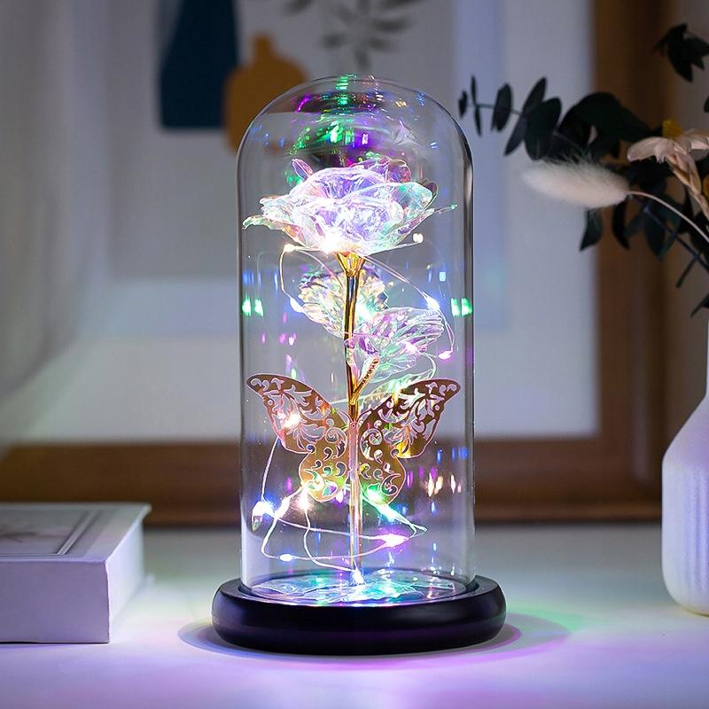Ewige Mehrfarbige Rose im Glas Leuchtende LED Geschenk Regenbogen