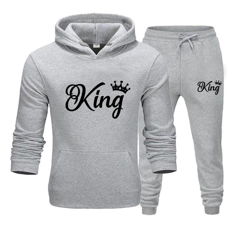 Fashion KING and QUEEN Printed Hooded Suits Autumn Winter Couple Hoodie + Pants 2-piece Suit