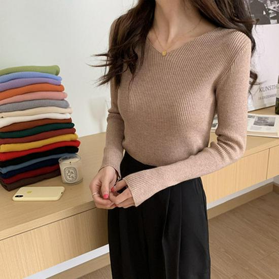 Dámský pletený pulovr s výstřihem do V slim fit: Trendy, s dlouhým rukávem, teplé na podzim a zimu