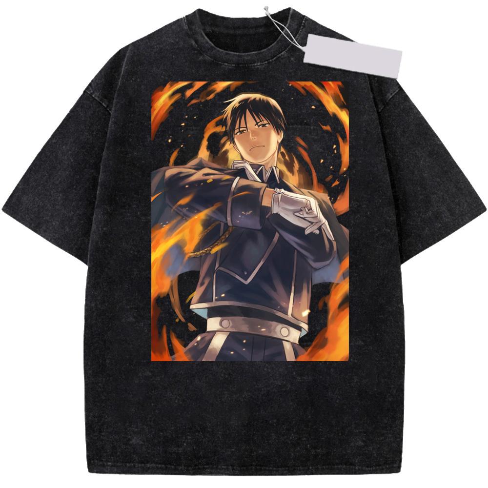 Anime Fullmetal Alchemist Washed Vintage T-shirts Manga Roy Mustang Graphic T-shirt Men Women Casual Cartoon Oversized T Shirts